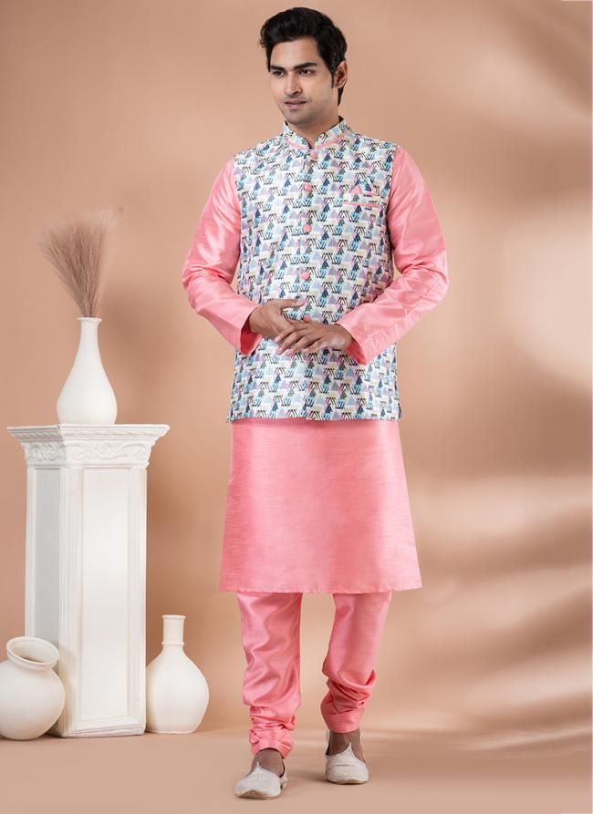 Silk Pink Traditional Wear Corset Work Readymade Modi Jacket Kurta Pajama